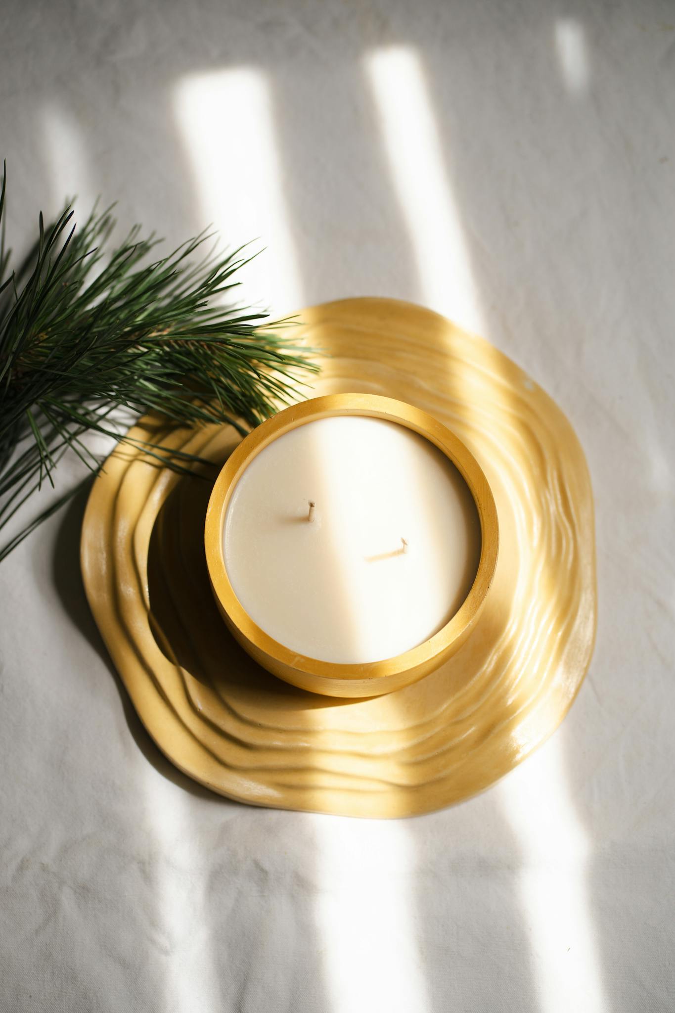 A minimalist soy candle on a textured ceramic plate with pine branches, casting soft shadows.